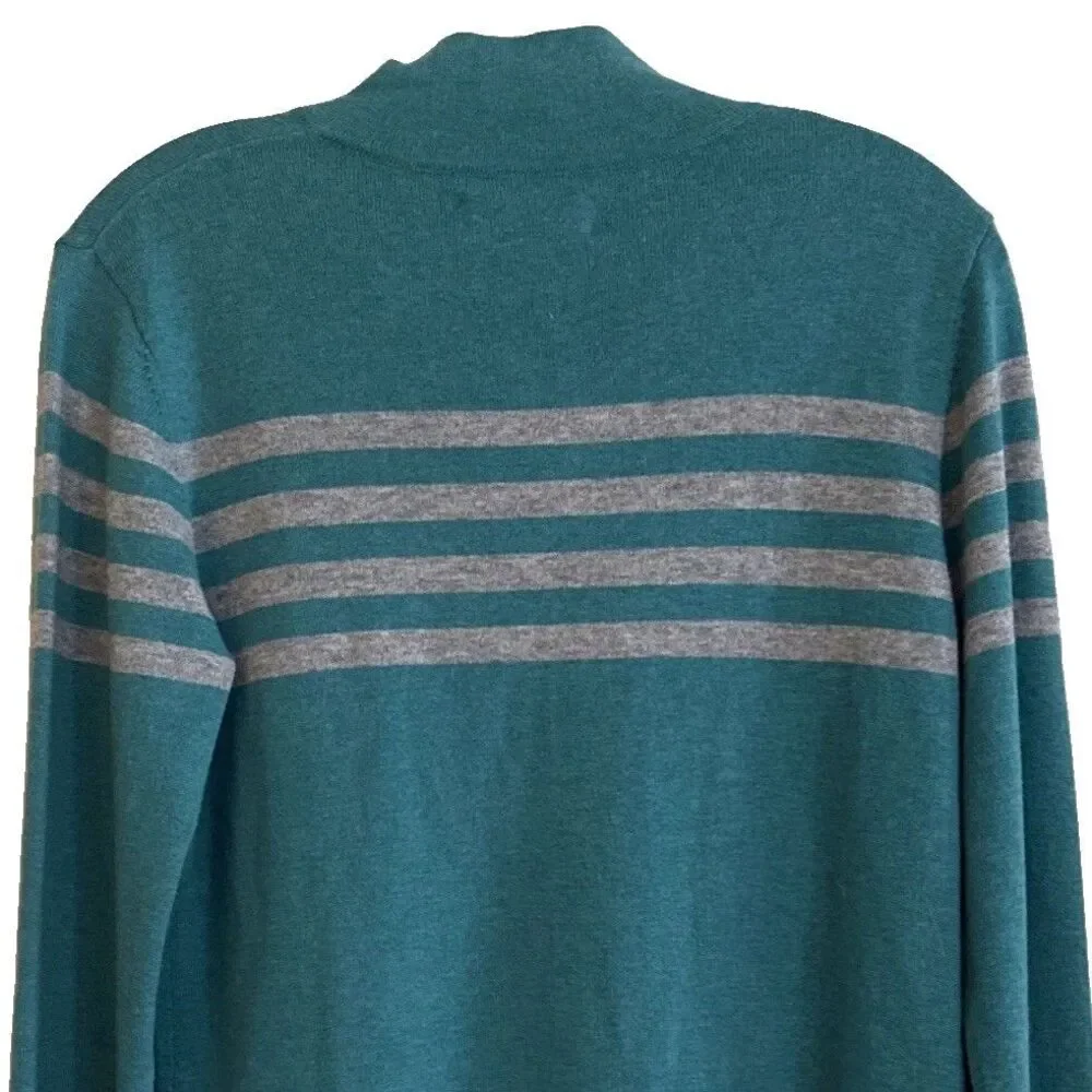 SKHOOP Merino Wool Blend 1/4 Zip Sweater Womens Sz M Teal Gray Mariner Striped